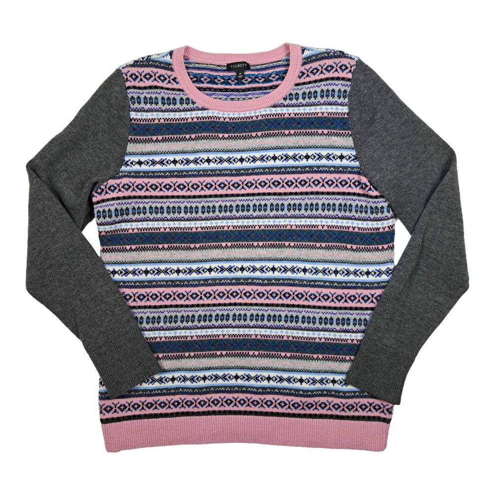 TALBOTS Fair Isle Sweater Womens M Nordic Striped Pullover Lambswool Blend Pink